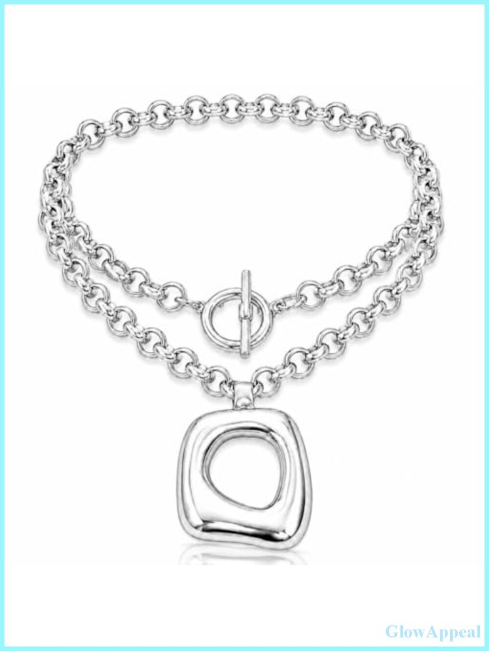 Chunky Silver Necklace Square Toggle Pendant Statement Double Layer Boho